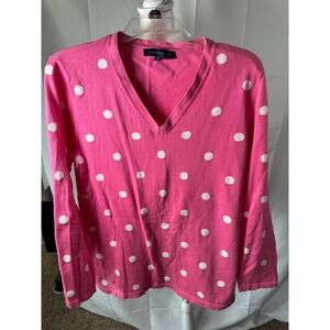 Tommy Hilfiger XL Pink Sweater White‎ Polka Dots Long Sleeve Cotton V Neck